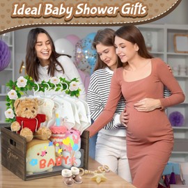 Wooden Baby Shower Crate Closet, Baby Shower Basket with Handle, Lights Up DIY Acrylic Board, Baby Storage Crate Hamper for Welcome Newborn Boys Girls Gifts for New Parents