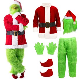 Varuotu 7PCS Adults Christmas Costume GBGrinches Green Big Monster Costume Santa Furry Christmas Costume Deluxe Outfit