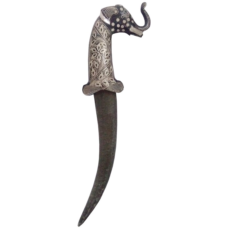 Purpledip Antique Dagger Knife: Elephant Hilt, Damascus Iron Blade, Silver