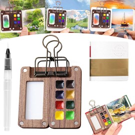 Mini Watercolor Paint Set - Pocket Artist Travel Set with Nano Palette - Walnut Wood - Portable Carry - Express Your Creativity Anywhere