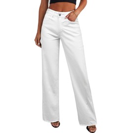 Sidefeel Women's Wide Leg Jeans High Waisted Strechy Raw Hem Denim Pants Size 8 White