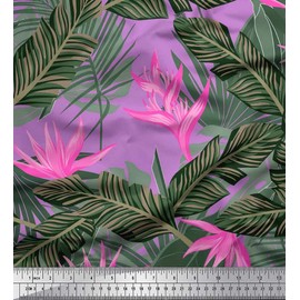 Soimoi Velvet Fabric Floral & Leaves Tropical Printed Fabric 1 metre 58 Inch Wide