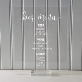 Bar Menu Sign - Wedding Reception - Clear Transparent Acrylic Table Stand Decor Party Bridal Shower Banquet Dinner Cocktails Alcohol Plaque