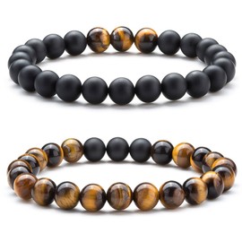 Hamoery Men Women 8mm Tiger Eye Natural Stone Beads Bracelet Elastic Yoga Agate Bracelet Bangle(Set1)