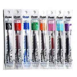Pentel LR7 Refills for EnerGel Gel Pen, 0.7mm Metal Tip - Set of 8 Colors - Black, Blue, Red, Green, Orange, Pink, Sky Blue & Violet - Supplied Loose