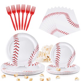 Nuanchu 96 Pieces Baseball Birthday Party Tableware Set Includes 7 Inch 9 Inch Disposable Plates Paper Napkins and Forks for Baseball Party Supplies Decoration, Serves 24 Guests