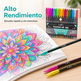 INDRA Set de 24 Plumas de Gel, Bolígrafos de Colores Glitter, Neón y Metálicos 1.0mm, Plumones y Marcadores de Gel de Secado Rápido para Colorear Mand