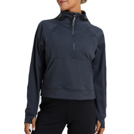 Oalka Sweatshirts Half Zip Long Sleeve Cropped Pullover Lined Full Zip Hoodies Thumb Hole Jackets 1/2 Zip Charcoal Heather L