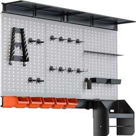 TORACK Pegboard Wall Organizer 4 ft. Garage Metal Utility Tool Storage Kit with Toolboard Hooks Accessories, Wall Mounted Bins, Paper Towel Holder, Overhead Shelf