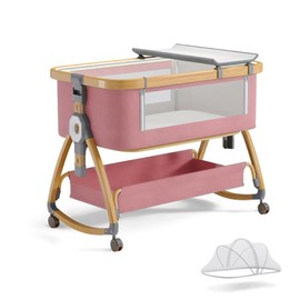 Baby Bassinet, Bedside Bassinet for Baby, 4 in 1 Portable Bassinet Bedside Sleeper with Wheels Mosquito Net & Storage Basket, 6 Height Adjustable Rocking Bassinet for Newborn Baby