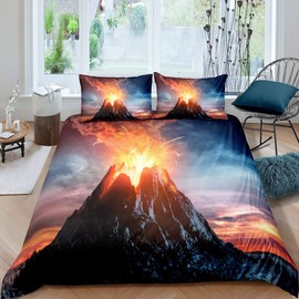Volcano Duvet Cover Volcanic Eruption Bedding Set Fire Mountain Comforter Cover for Boys Girls Women Men Bedroom Decor Natural Disaster Theme Bedspread Double Size With 2 Pillow Case