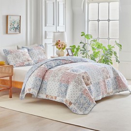 Joyreap Floral Cotton Quilt Set, Elegant Flowers Grid Patchwork Design, 3 Pieces Queen Size Quilt Bedding Set, Soft n Cozy Bedspread Bed Cover for All Season- 90x90 inches