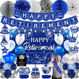 Happy Retirement Party Decorations for Men Women Blue Silver Happys Retirements Decorations Happy Retirements Banner Backdrop Card Retirement Sash Hanging Swirls Foil Balloons Honeycomb Centerpieces