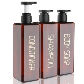 Shampoo and Conditioner Dispenser Shower Soap Bottles 3 Pack 550ml/18.6oz Refillable Shampoo Pump Bottle Dispenser Plastic Empty Body Wash Dispensers with Stylish Permanent Labels for Bathroom (Brown)