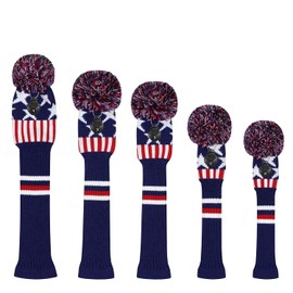Blue Star Stripes Golf Head Covers Set of 5 for Driver Cover*1 Fairway Wood*2 Hybrid (UT)*2, Old-school Style, Big Pom-poms, Best Gift for Golfers