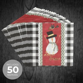 Masterpiece Snowman Plaid Beverage Napkins / 50 Square Cocktail Winter Holiday Napkins With Shiny Gold Foil Accents / 4 3/4" x 4 3/4" Square Festive Christmas Party Napkin