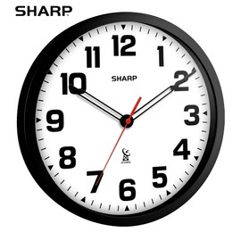Sharp Atomic Analog Wall Clock - 12" Black Stylish Frame - Sets Automatically- Battery Operated - Easy to Read - Easy to Use – Modern Design and Style
