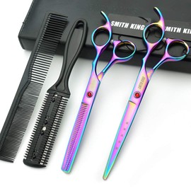 7.0 Inches Hair Cutting Scissors Set with Combs Lether Scissors Case,Hair cutting shears Hair Thinning shears For Personal and Professional (Rainbow)