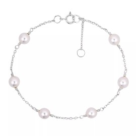 AeraVida Luminous White Pearl Sterling Silver Chain Link Bracelet