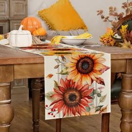 RABUSOFA Sunflower Fall Maple Leaves Fall Table Runner,Seasonal Autumn Kitchen Dining Table Holiday Thanksgiving Decoration for Home Party Decor 13x72 Inch