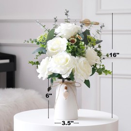 Artificial Rose Flower Arrangement in White Ceramic Vase with Heart Charm Décor, 16" Artificial Flowers with Eucalyptus Stems and Greenery, Rustic Farmhouse Table Centerpiece for Home, Kitchen, Office