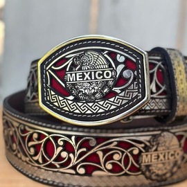 Silver “Mexico” Laser Cut Leather Belt with Metal Buckle - Size: 40