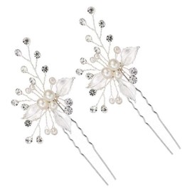 Hair Pin, Three Leaf Hair Pin, Wedding, After-party, Recital, Graduation Party, Pearl, Hair Ornament Set (Silver - Set of 2)