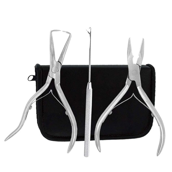 Clamp Pliers Needle 3pcs Tool Kit for Micro Ring Link Bead Human Hair Extensions, Polished Steel