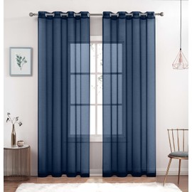 July Joy Semi Linen Look Sheer Curtains for Bedroom, Living Room Grommet Light Filtering Solid Voile Window Curtains, Set of 2 Panels (52 x 72 inch, Navy)