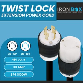 IronBox Electric NEMA L16-30 Plug & Connector Twist Lock Extension Power Cord - 30 Amp, 480V, 8/4 SOOW - Heavy Duty Electrical Adapter - UL Listed Power Generator Cable for Data Centers & More (10 ft)