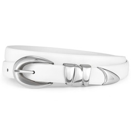 XZQTIVE Women's Skinny Black Leather Belts for Jeans Dress Pants Thin Waist Belts with Gold Buckle and Metal Loops, White(silver Buckle), Fits Waist 45"-48"