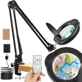 Eiyisem 15X Magnifying Glass with Light and Remote, 84 LEDs 5 Color Modes Stepless Dimmable Hands Free Magnifier Lamp for Reading Crafts Repair Painting Close Work, Magnifier Light with Clamp