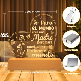 Yopyame Spanish Birthday Mom Gift - Regalos para Mamá Engraved Acrylic Heart Night Light in Spanish with Base Gifts for Mamá from Daughter Son Unique Desk Decoration for Mother’s Day Birthday Gifts