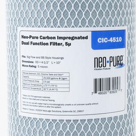Neo-Pure 10" Big Flow Dual Function Carbon Impregnated 5µ Filter, 10-inch, 5 Micron, 4 GPM, 50,000 Gallon Capacity Replacement Cartridge 10" x 4.5".