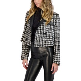 BCBGeneration Women's Relaxed Double Breasted Blazer Long Sleeve Notch Lapel Button Pocket Faux Leather Trim Mixed Media Jacket, Black/White, X-Large