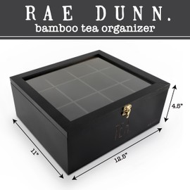 Rae Dunn Tea Bag Organizer - Tea Box Divided Storage Container Box with Hinge Lid for Kitchen Cabinet, Countertop, Pantry, Hold Coffee Pods, Seasoning Packets, Condiments, Black