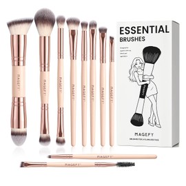 MAGEFY Set de Brochas para Maquillaje Profesional de 10 Piezas, Brochas de Maquillaje de Aluminio de Doble Punta, Juego Multifuncional con Estuche de Regalo Exclusivo para Base, Polvo, Ojos y Rostro (Champán)