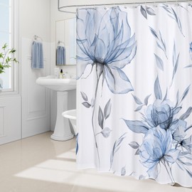 Litabel Small Stall Boho Watercolor Floral Shower Curtain 36 x 72, Blue and Grey Ink Painting Style Flower Shower Curtains for Chic Elegant Bathroom, Artistic Narrow Half Size Shower Curtain