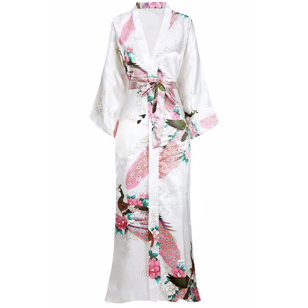 Babeyond Women's Dressing Gown Maxi-Length Kimono Beach Dress Peacock Print Bath Robe Night Gown Girls’ Pyjama Party. - White