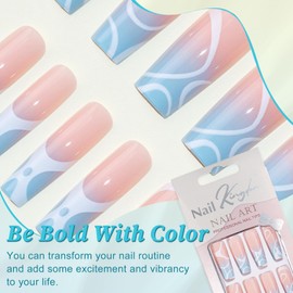 EternalClassic Blue French Tip Press on Nails Long Square Ombre Fake Nails Square, Glossy Acrylic Nails Press on 24pcs False Nail Tips Stick on Nails for Women