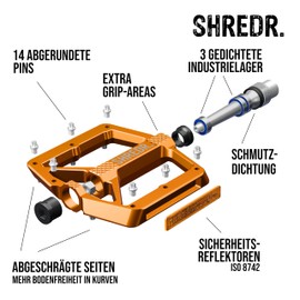 SHREDR. Shine Pedals for MTB | High Quality Flat Pedals for Mountain Bike | With Reflectors (StVZO Compliant) (Orange, M)