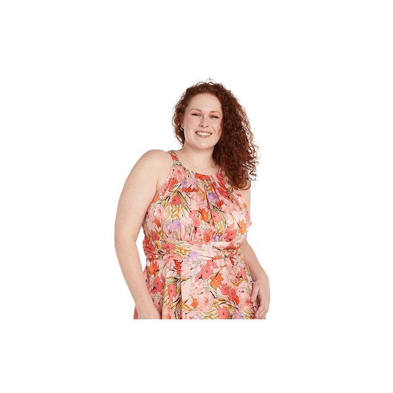 R&M Richards Women's Bright Floral Satin Peplum Halter Maxi Dress