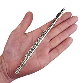 Dselvgvu Miniature Flute with Stand and Case Brass Mini Musical Instrument Flute Replica Collectible Figurines Dollhouse Accessories Model Home Decoration Display Ornament (Silver, 7.09")