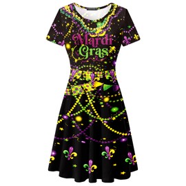 Women Mardi Gras Dresses Carnival Festival Dress Purple Gold Flag Fleur De Lis Print Parade Skate Dress M
