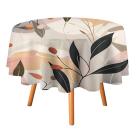DIPQIMI Boho Multicolor Plant Tablecloth for Dining Kitchen Holiday Decor,Modern Abstract Black Beige Botanical Round Tablecloths Washable Table Cover-60Inch