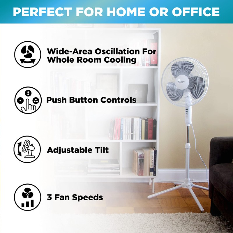 Comfort Zone Stand Fan, 16 inch Pedestal Fan for Bedroom,