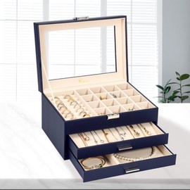 Voova Jewelry Box Organizer for Women Girls, 3 Layer PU Leather Jewelry Storage Case with Glass Lid & 2 Drawers, Large Jewellery Display Holder for Necklaces Rings Earrings Bracelets, Navy Blue