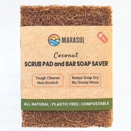 Marasol Soap Saver and Scrub Pad (4) | Coconut Fiber - Compostable | Plastic Free - Zero Waste | Bar Soap Holder | Tough Non-Scratch Scour Pad | Vegetable Brush | 4-Pack