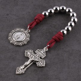 Luomu Rosario de bolsillo estilo abierto de una década de acero inoxidable católico con crucifijo medalla de San Benito con bolsa de regalo, Sin piedra preciosa, Rojo- Virgen María