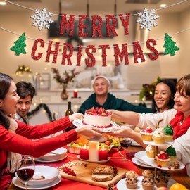 Red and Green Merry Christmas Banner, Merry Christmas Bunting Sign Garland, Merry Xmas Banner for Christmas Holiday Party Decoration Supplies